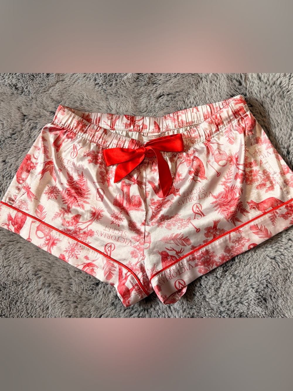 Victoria's Secret White Satin Sleep Shorts with Red Print and Red Bow